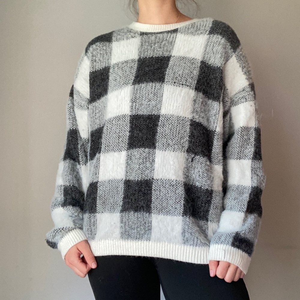 Black + White Winter Buffalo Check Plaid Fuzzy Sweater